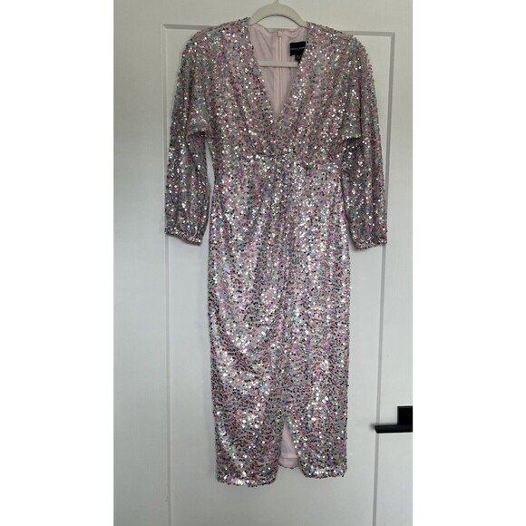 DONNA MORGAN FOR MAGGY Sequin Midi Cocktail Dress Lavender/Pink Multi Size 0 - Picture 3 of 9